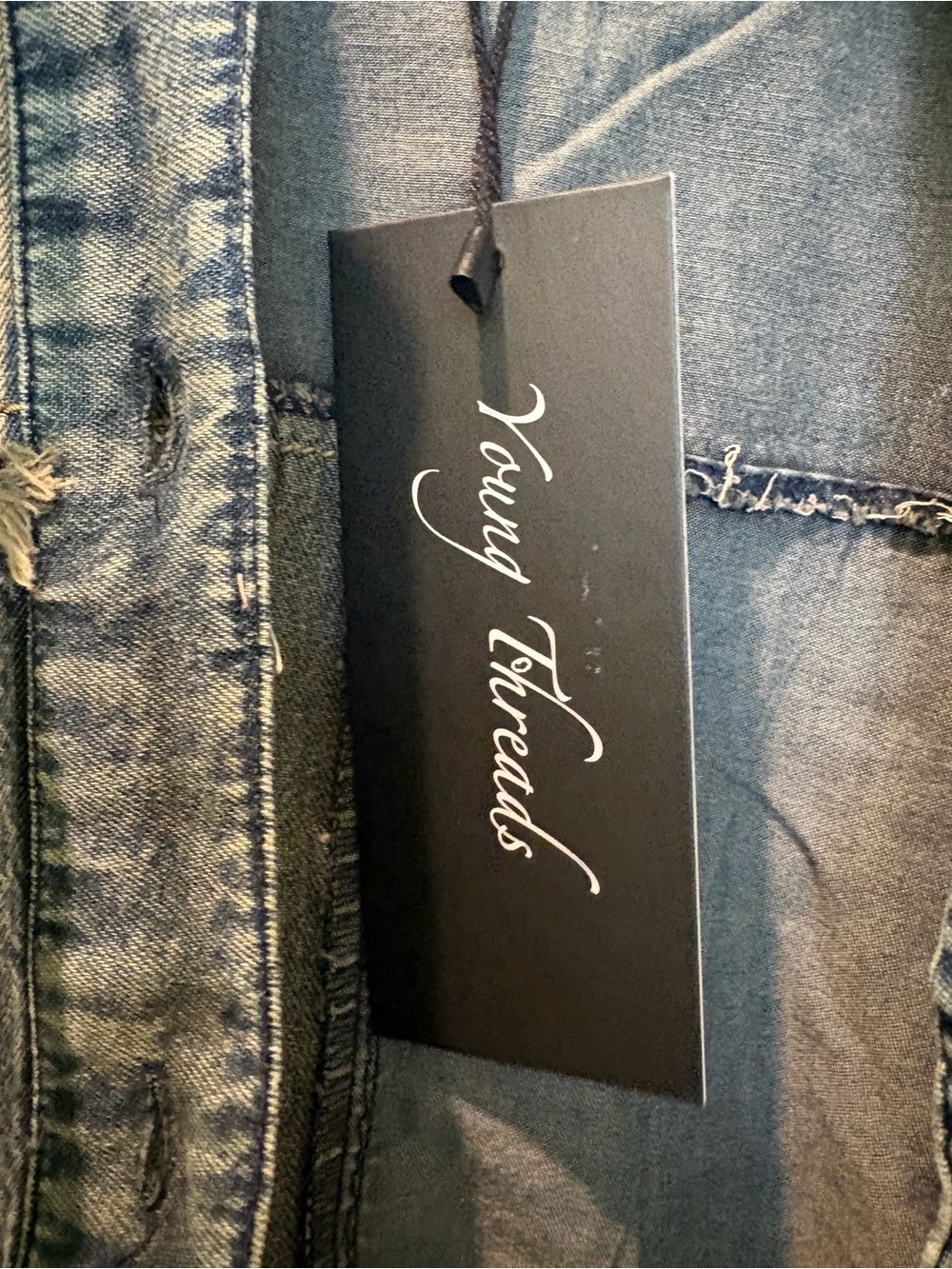 Young Threads NWT Denim Hooded Boho Shirt with Mixed Patchwork Ruffles Size L - Picture 9 of 13
